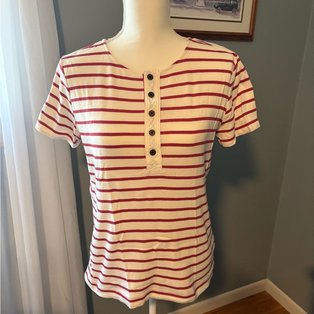 Lauren Ralph Lauren Red and White Striped Button Tee